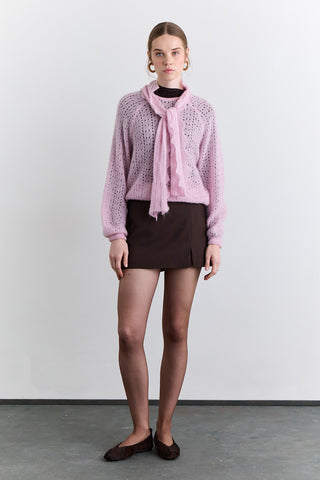 Tie Neck Pointelle Sweater Pink