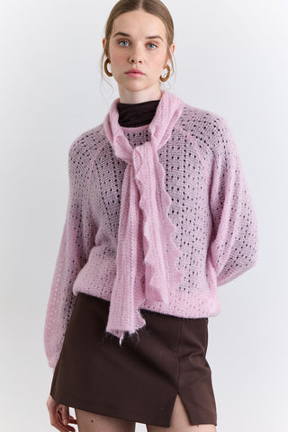 Tie Neck Pointelle Sweater Pink