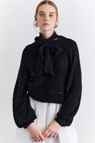 Tie Neck Pointelle Sweater Black