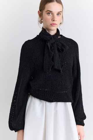 Tie Neck Pointelle Sweater Black