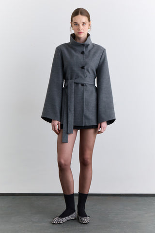 Wide Sleeve Belted Jacket Grey