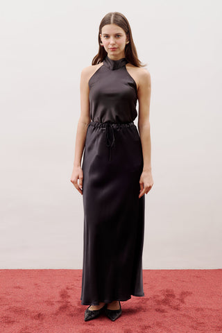 Adjustable Waist Satin Skirt Black