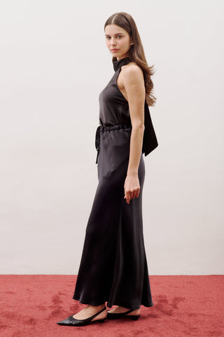 Adjustable Waist Satin Skirt Black