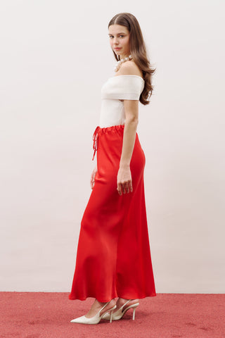 Adjustable Waist Satin Skirt Red