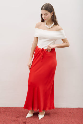 Adjustable Waist Satin Skirt Red