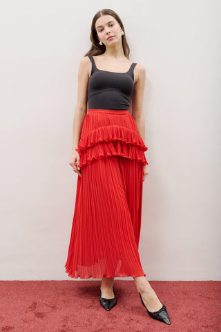 Mila Pleated Tiered Skirt Red
