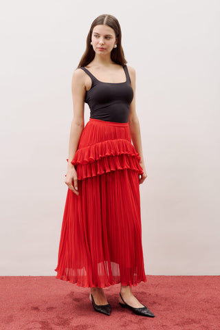 Mila Pleated Tiered Skirt Red