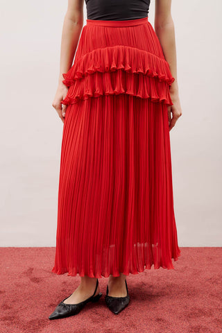 Mila Pleated Tiered Skirt Red