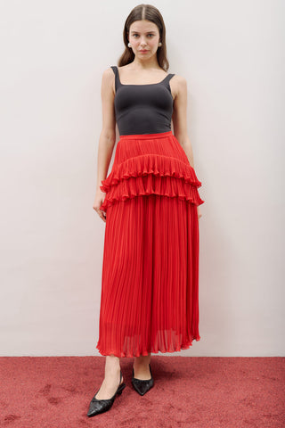 Mila Pleated Tiered Skirt Red