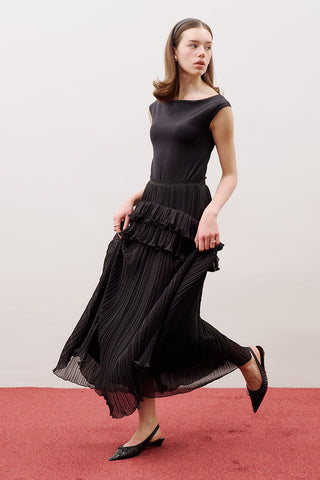 Mila Pleated Tiered Skirt Black