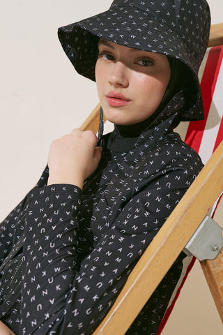 Zip-Front 3-Piece Modest Swim Set Black Logo Print