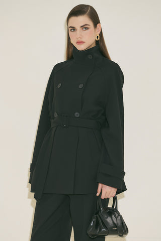 High Neck Belted Trench Coat Black