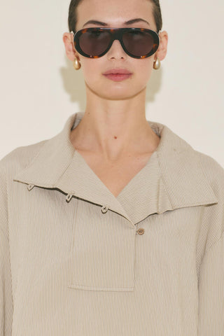 Wide Collar Striped Blouse Beige
