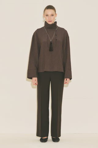 Wide Collar Striped Blouse Brown