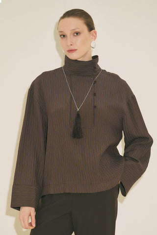 Wide Collar Striped Blouse Brown