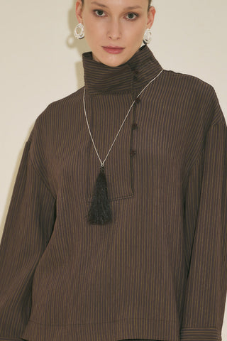 Wide Collar Striped Blouse Brown
