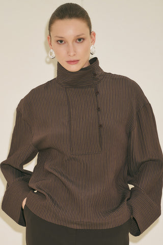 Wide Collar Striped Blouse Brown