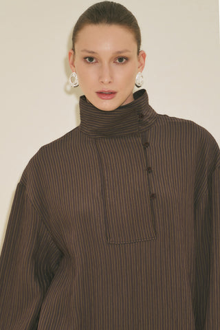 Wide Collar Striped Blouse Brown