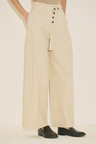 Belted Trousers With Wide Pleats Beige