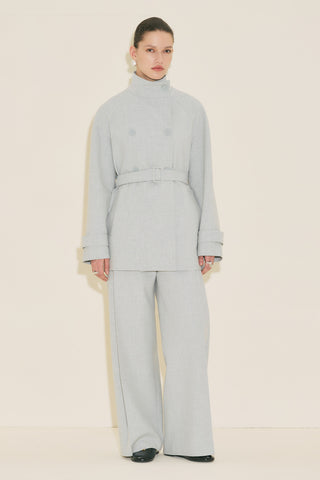 High Neck Belted Trench Coat Blue