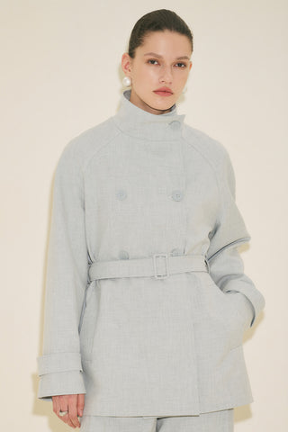 High Neck Belted Trench Coat Blue