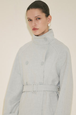 High Neck Belted Trench Coat Blue