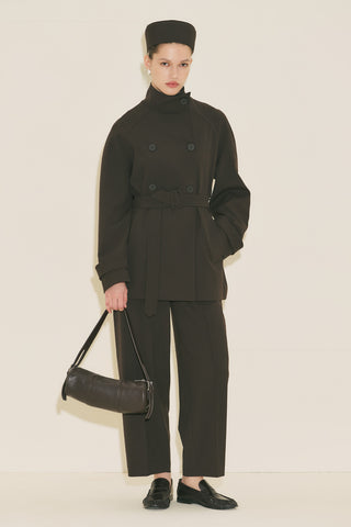 High Neck Belted Trench Coat Dark Brown