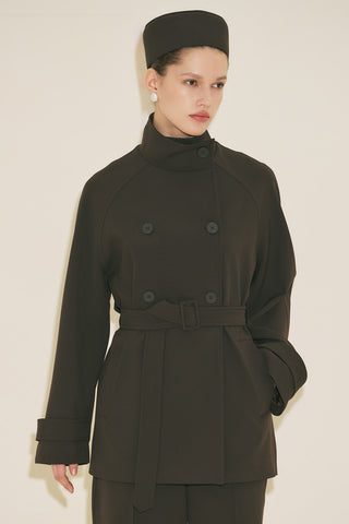 High Neck Belted Trench Coat Dark Brown