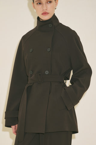 High Neck Belted Trench Coat Dark Brown