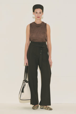 Belted Trousers With Wide Pleats Brown
