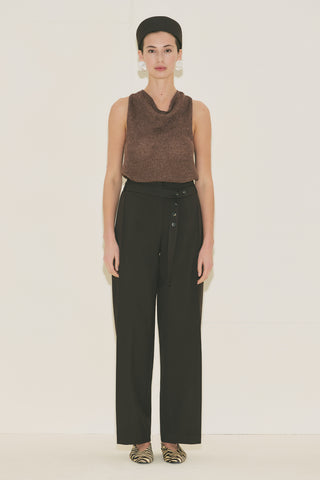 Belted Trousers With Wide Pleats Brown