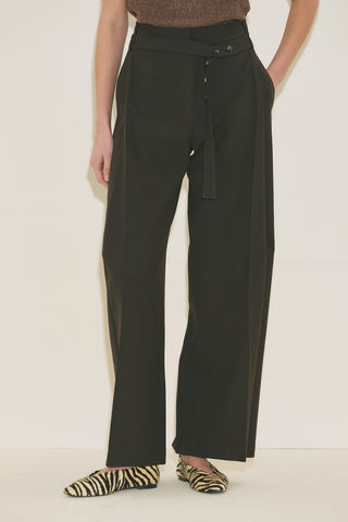 Belted Trousers With Wide Pleats Brown