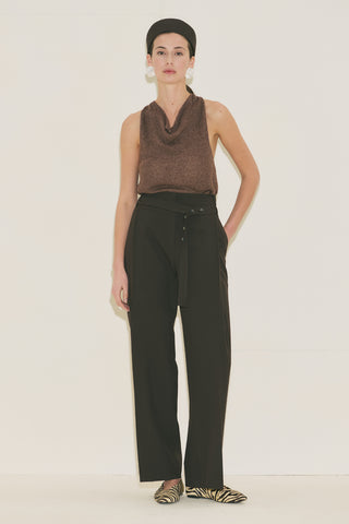 Belted Trousers With Wide Pleats Brown