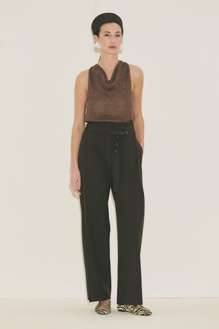 Belted Trousers With Wide Pleats Brown