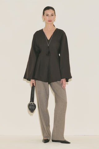 100% Linen Voluminous Tunic Dark Brown