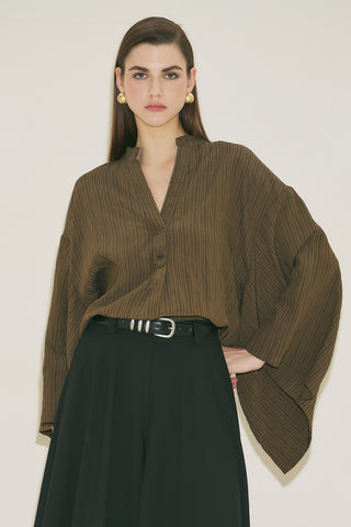 Kimono Sleeve Blouse Khaki Striped