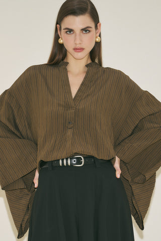 Kimono Sleeve Blouse Khaki Striped