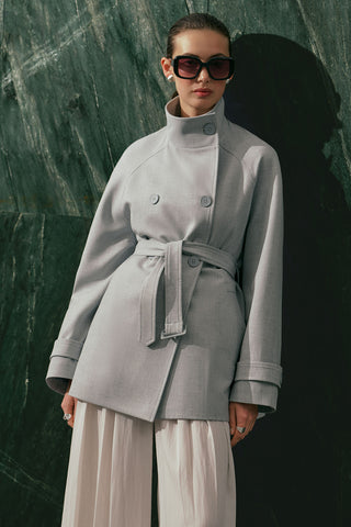High Neck Belted Trench Coat Blue