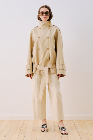 Belted Short Trench Coat With High Neck Sand