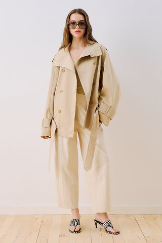 Belted Short Trench Coat With High Neck Sand