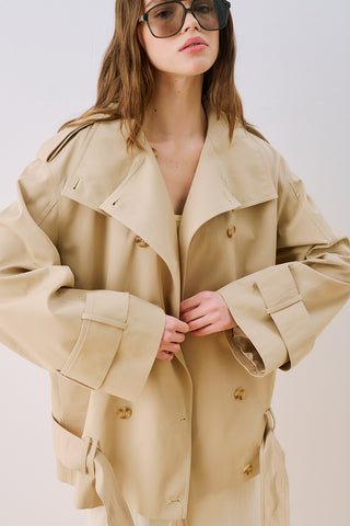 Belted Short Trench Coat With High Neck Sand