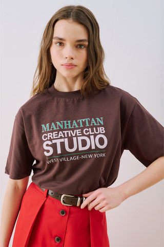 Printed Short Sleeve T-Shirt Brown