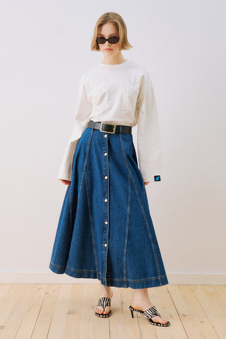 Denim-Panel Buttoned Skirt Blue