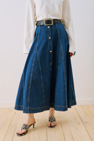 Denim-Panel Buttoned Skirt Blue