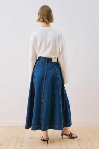 Denim-Panel Buttoned Skirt Blue