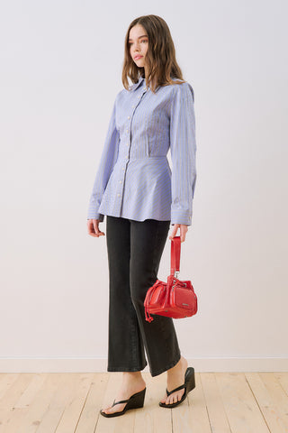 Ruffle Detail Striped Shirt Dark Brown