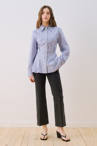 Ruffle Detail Striped Shirt Dark Brown