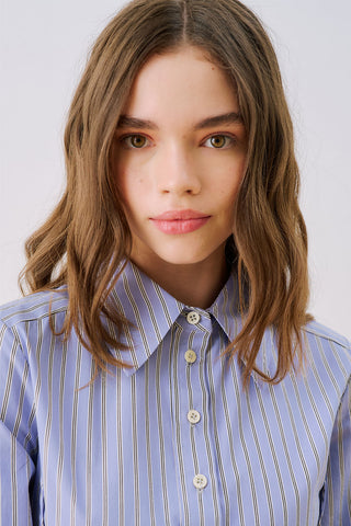 Ruffle Detail Striped Shirt Dark Brown