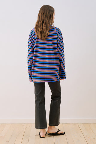 Striped Polo Collar Sweatshirt Blue