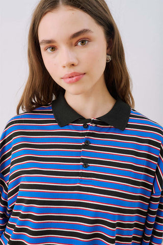 Striped Polo Collar Sweatshirt Blue